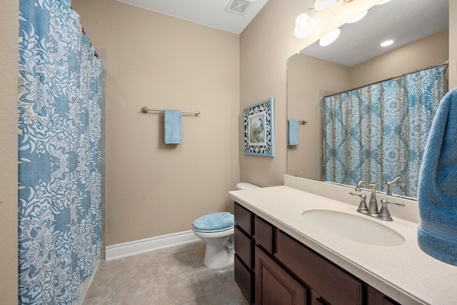 full bathroom with baseboards, toilet, visible vents, tile patterned floors, and vanity