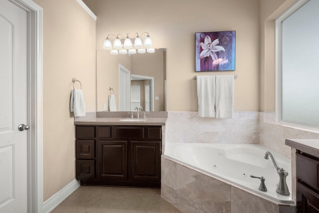full bath with tile patterned floors, a tub with jets, and vanity