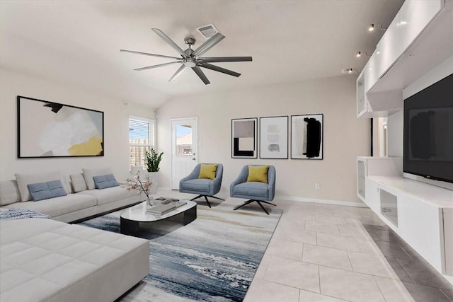 living area featuring visible vents, baseboards, ceiling fan, and light tile patterned floors