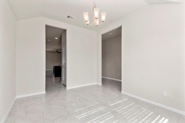 unfurnished room with lofted ceiling, a chandelier, visible vents, and baseboards