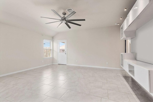 unfurnished living room featuring baseboards, visible vents, lofted ceiling, a ceiling fan, and light tile patterned floors