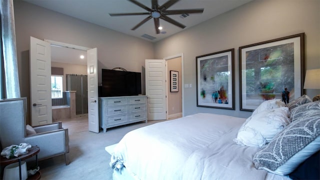 bedroom featuring visible vents, recessed lighting, a ceiling fan, and light carpet