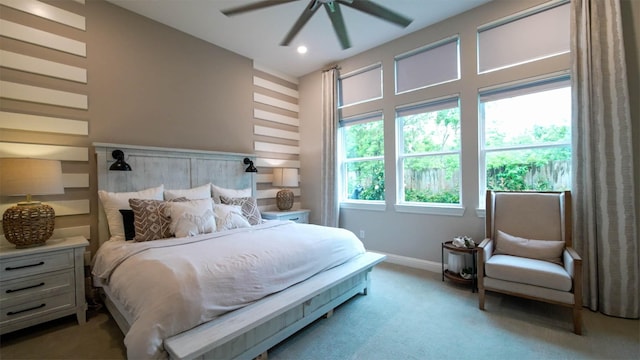 carpeted bedroom with baseboards, recessed lighting, and ceiling fan