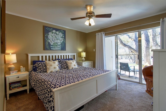 bedroom with dark carpet, ceiling fan, ornamental molding, and access to outside