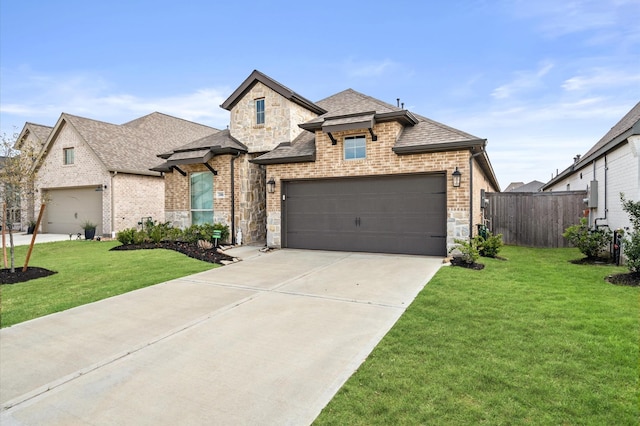 french country style house featuring fence, a shingled roof, brick siding, and stone siding