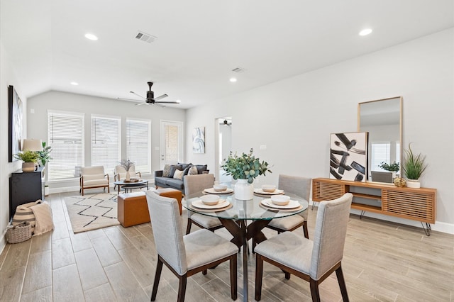 20806 Gray Percheron Ln, Tomball, TX 77377 - dining area with light wood finished floors, ceiling fan, recessed lighting, and vaulted ceiling