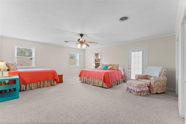 466 Buffalo Ct, Livingston, TX 77351 - bedroom featuring a ceiling fan, visible vents, carpet, and crown molding