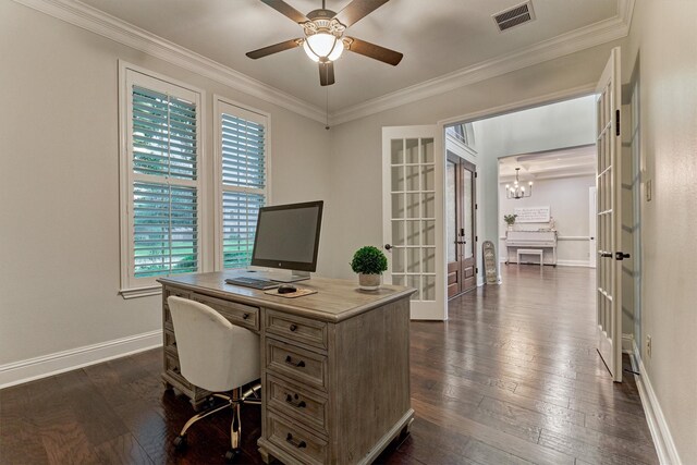 21603 Fairhaven Creek Dr, Cypress, TX 77433 - home office with french doors, dark wood-style floors, baseboards, ornamental molding, and ceiling fan