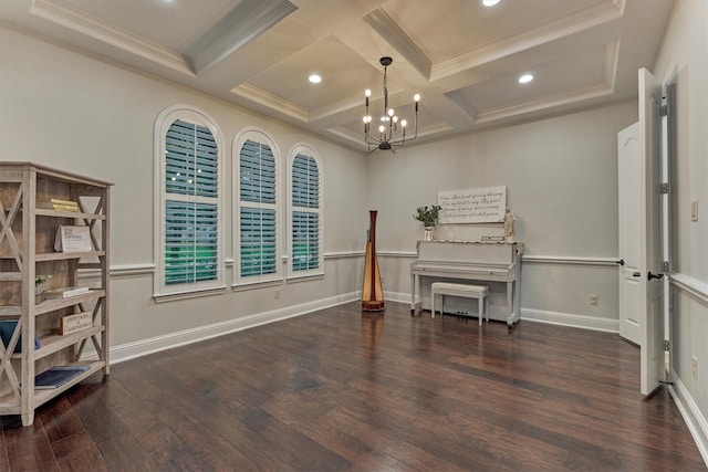 21603 Fairhaven Creek Dr, Cypress, TX 77433 - home office with wood finished floors, coffered ceiling, a chandelier, ornamental molding, and beam ceiling