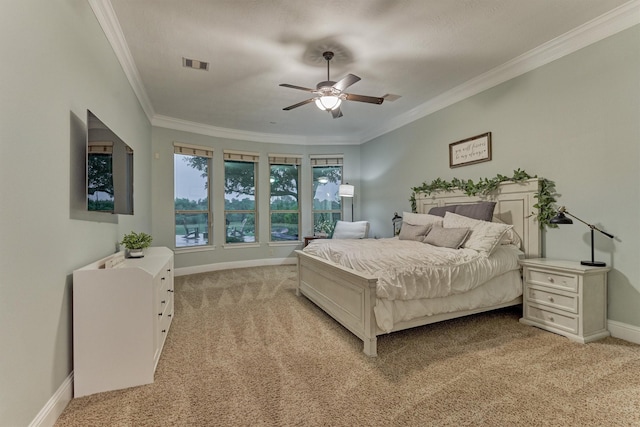 21603 Fairhaven Creek Dr, Cypress, TX 77433 - bedroom featuring light colored carpet, ornamental molding, baseboards, and a ceiling fan