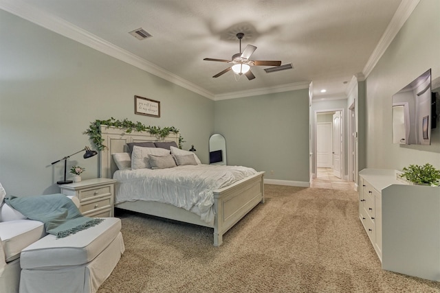 21603 Fairhaven Creek Dr, Cypress, TX 77433 - bedroom with light colored carpet, ornamental molding, baseboards, a ceiling fan, and recessed lighting