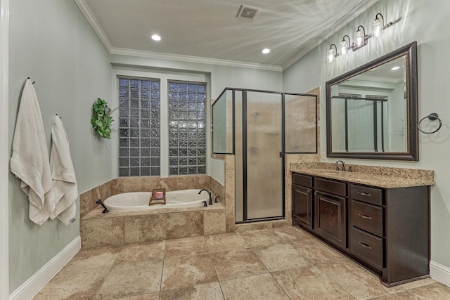 21603 Fairhaven Creek Dr, Cypress, TX 77433 - full bath featuring a garden tub, vanity, crown molding, a stall shower, and baseboards