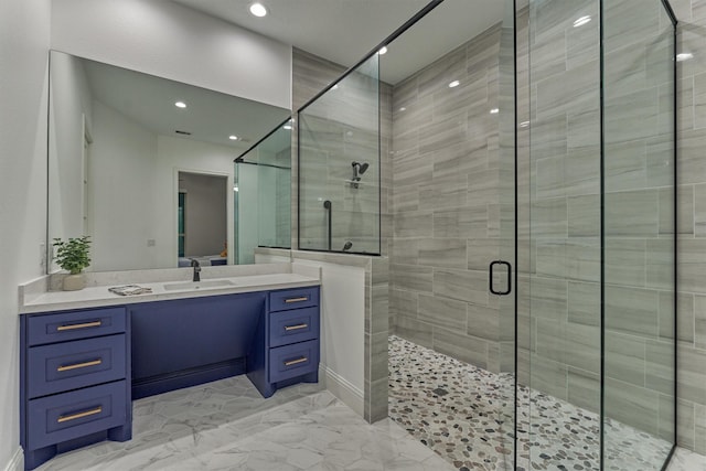 21603 Fairhaven Creek Dr, Cypress, TX 77433 - full bathroom featuring marble finish flooring, vanity, a stall shower, and recessed lighting
