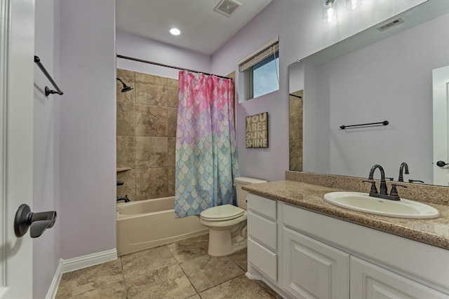 21603 Fairhaven Creek Dr, Cypress, TX 77433 - bathroom featuring shower / tub combo with curtain, vanity, toilet, baseboards, and tile patterned flooring