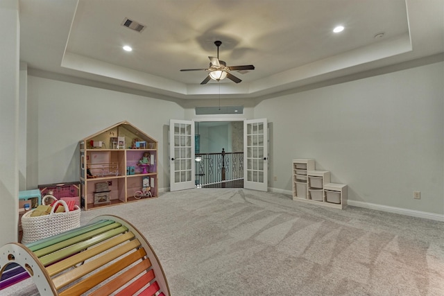 21603 Fairhaven Creek Dr, Cypress, TX 77433 - rec room with a raised ceiling, ceiling fan, carpet, baseboards, and recessed lighting