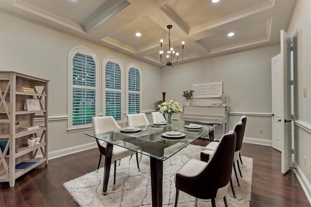 21603 Fairhaven Creek Dr, Cypress, TX 77433 - dining area with a chandelier, wood finished floors, coffered ceiling, ornamental molding, and beamed ceiling