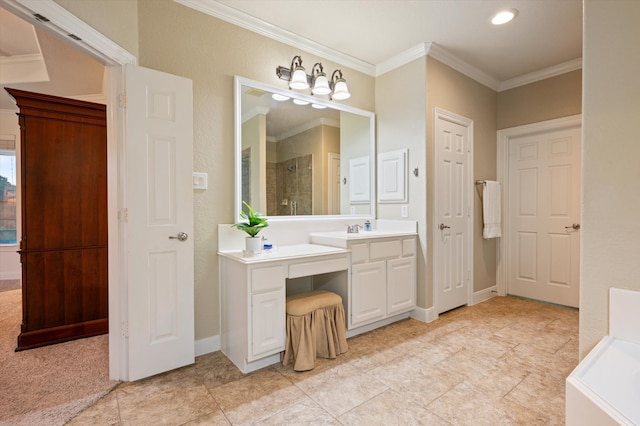 bathroom featuring vanity, ornamental molding, baseboards, and a shower stall
