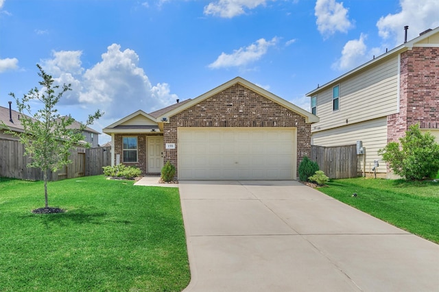ranch-style home featuring a front lawn, concrete driveway, fence, brick siding, and a garage