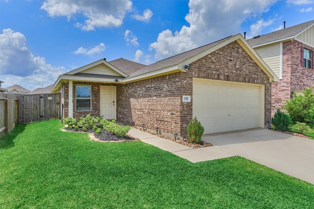 ranch-style home featuring driveway, an attached garage, fence, a front yard, and brick siding