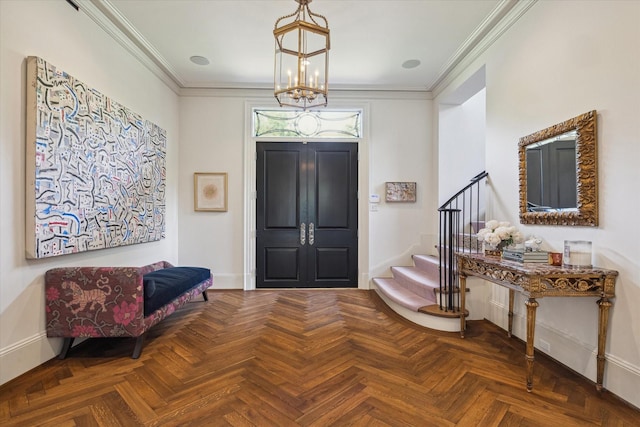 entrance foyer with crown molding, stairs, and baseboards