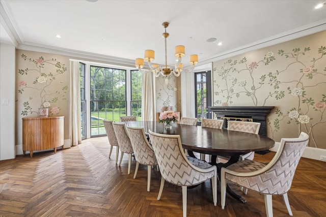 dining room with ornamental molding, an inviting chandelier, wallpapered walls, and baseboards