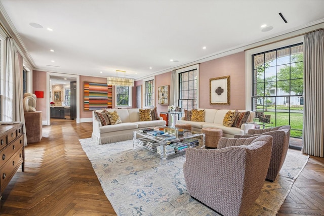 living area with recessed lighting and ornamental molding