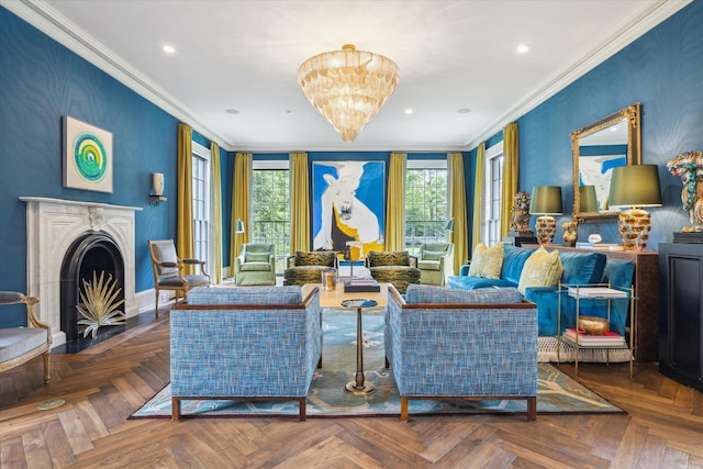living area featuring recessed lighting, a fireplace with flush hearth, and crown molding