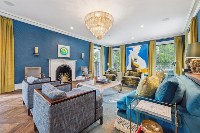living room with crown molding, a chandelier, baseboards, recessed lighting, and a fireplace