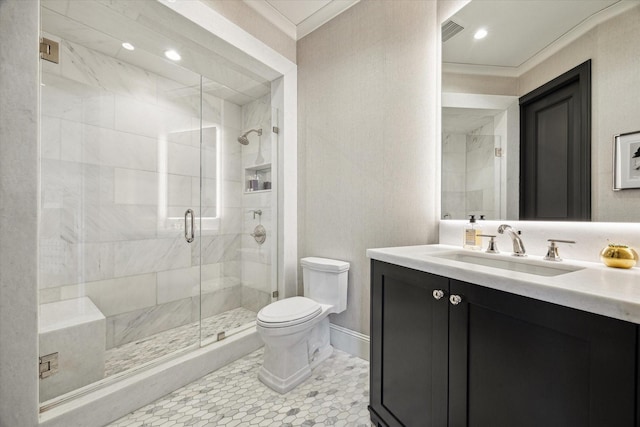 full bathroom featuring ornamental molding, toilet, a shower stall, and vanity