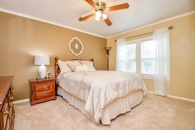 3339 Terry St, Needville, TX 77461 - bedroom featuring crown molding, baseboards, ceiling fan, and light carpet