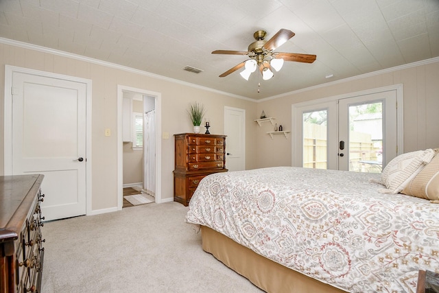 3339 Terry St, Needville, TX 77461 - bedroom featuring crown molding, light colored carpet, access to exterior, and french doors