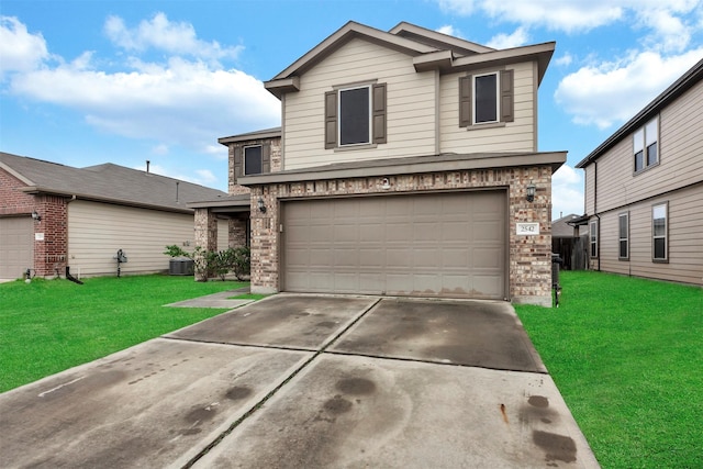 traditional-style house featuring a garage, concrete driveway, central AC, and a front yard