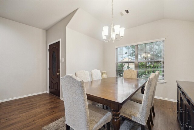 dining area with a chandelier, baseboards, lofted ceiling, dark wood-style flooring, and visible vents