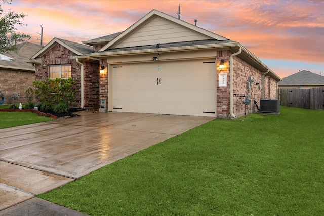 ranch-style house with concrete driveway, an attached garage, brick siding, and cooling unit