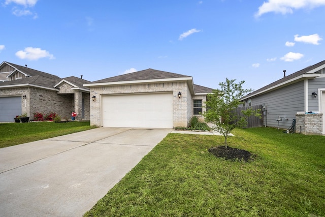 ranch-style home with an attached garage, driveway, brick siding, and a front yard