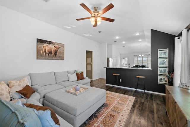 125 Dove Landing Ct, Navasota, TX 77868 - living area featuring recessed lighting, dark wood finished floors, baseboards, and ceiling fan