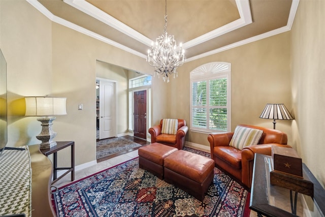 236 Camden Hills Dr, Montgomery, TX 77356 - living area featuring crown molding, a chandelier, and a raised ceiling