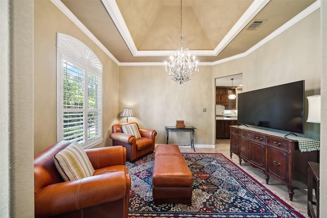 236 Camden Hills Dr, Montgomery, TX 77356 - living room featuring a chandelier, a raised ceiling, and ornamental molding
