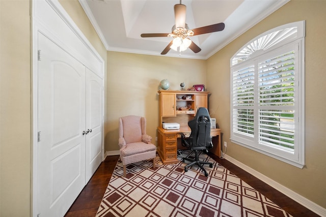 236 Camden Hills Dr, Montgomery, TX 77356 - home office with crown molding, ceiling fan, and wood finished floors