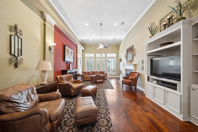236 Camden Hills Dr, Montgomery, TX 77356 - living area featuring a fireplace, crown molding, dark wood-style flooring, ceiling fan, and recessed lighting