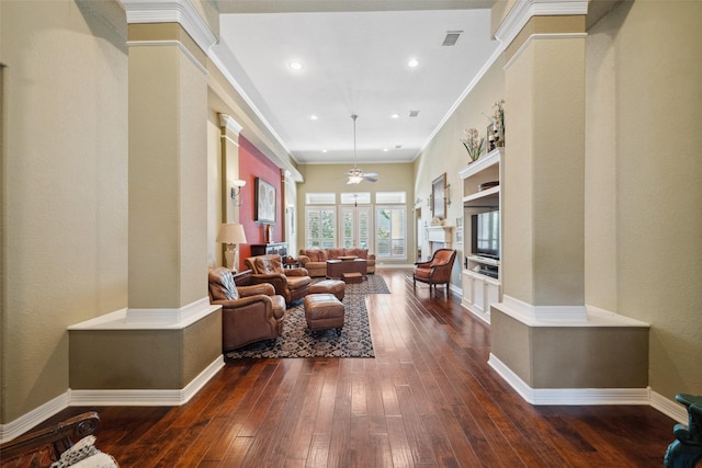 236 Camden Hills Dr, Montgomery, TX 77356 - living area featuring dark wood finished floors, a ceiling fan, ornamental molding, and recessed lighting