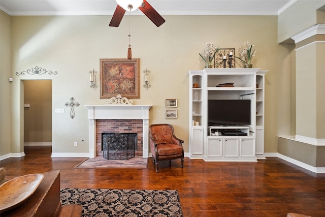 236 Camden Hills Dr, Montgomery, TX 77356 - living area featuring ceiling fan, a fireplace, wood finished floors, and crown molding