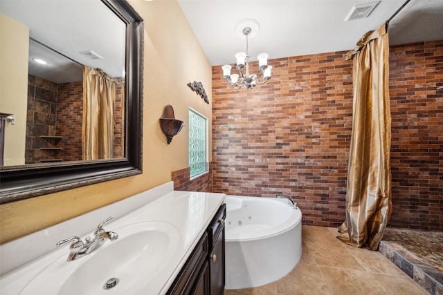 236 Camden Hills Dr, Montgomery, TX 77356 - full bath featuring vanity, tiled shower, a whirlpool tub, a chandelier, and tile patterned flooring