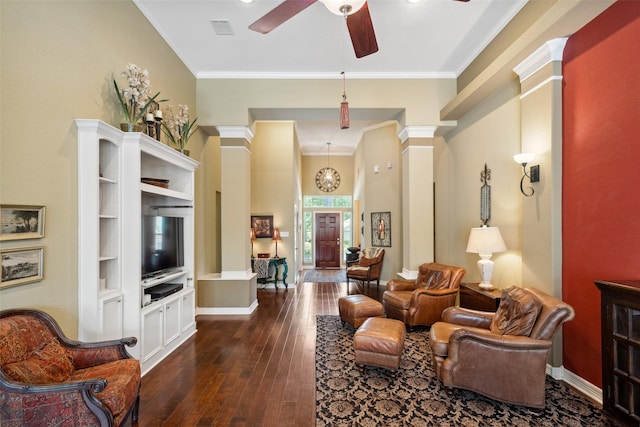 236 Camden Hills Dr, Montgomery, TX 77356 - living room featuring decorative columns, a ceiling fan, dark wood finished floors, and ornamental molding