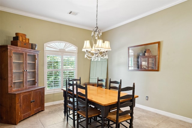 236 Camden Hills Dr, Montgomery, TX 77356 - dining space featuring crown molding, a chandelier, and light tile patterned flooring