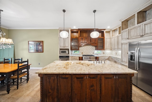 236 Camden Hills Dr, Montgomery, TX 77356 - kitchen featuring appliances with stainless steel finishes, decorative backsplash, crown molding, light tile patterned flooring, and an island with sink