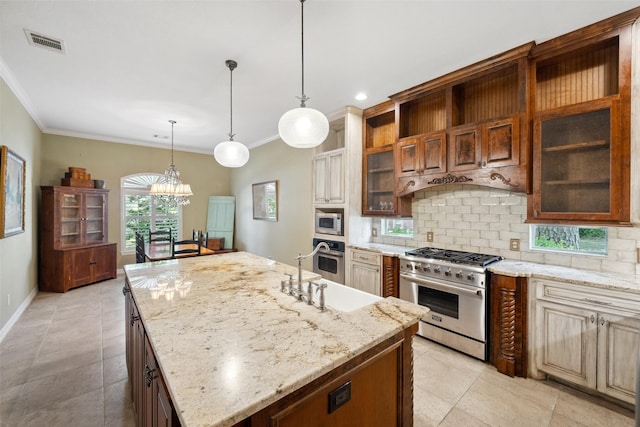 236 Camden Hills Dr, Montgomery, TX 77356 - kitchen with stainless steel appliances, ornamental molding, backsplash, a chandelier, and open shelves