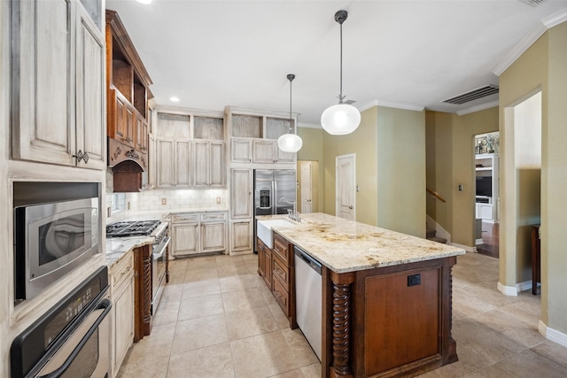 236 Camden Hills Dr, Montgomery, TX 77356 - kitchen featuring open shelves, appliances with stainless steel finishes, crown molding, tasteful backsplash, and under cabinet range hood