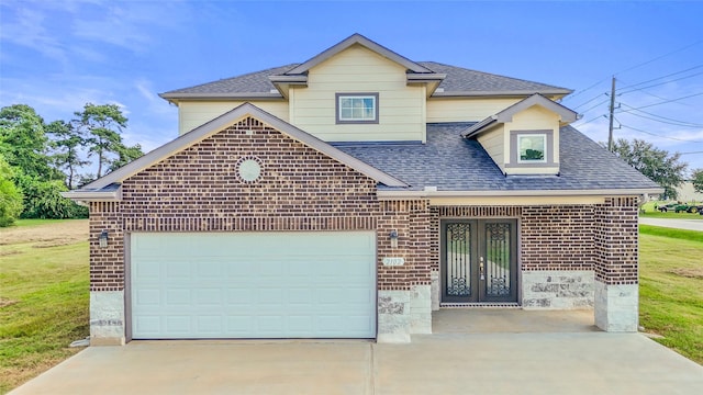 traditional home with a front lawn, driveway, an attached garage, brick siding, and roof with shingles