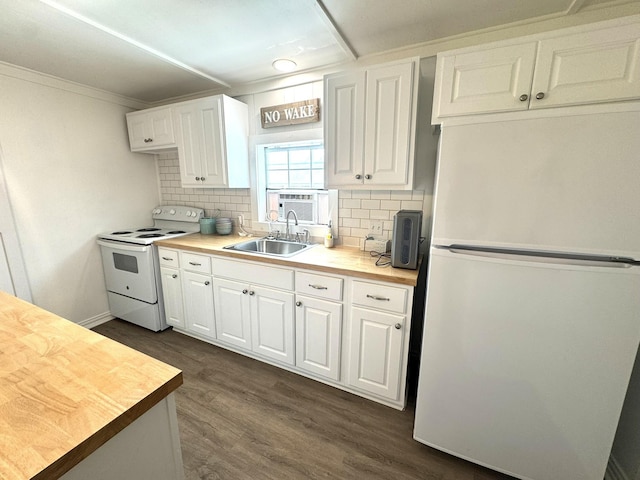 kitchen featuring a sink, butcher block countertops, white appliances, backsplash, and white cabinetry